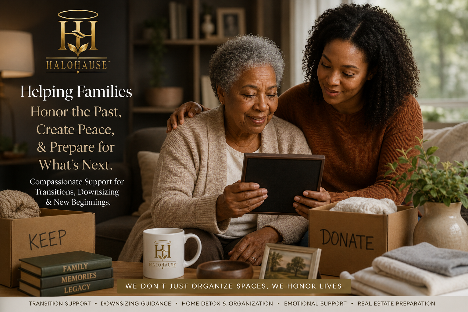 A daughter and her mother lovingly sorting family keepsakes at home — HaloHause helping families honor the past, create peace, and prepare for what's next.